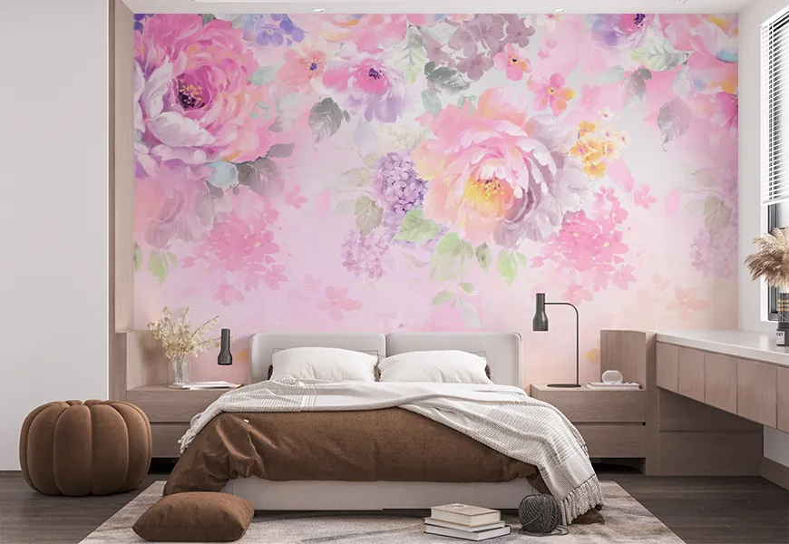 پوستر دیواری 3 بعدی اتاق خواب عروس و داماد گلهای رز صورتی